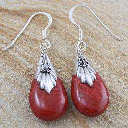 Sterling Silver Coral Bali Teardrop Dangle Earrings (Indonesia 