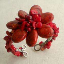 Red Coral Floral Beaded Organic Cuff Bracelet (Thailand)   