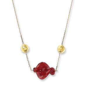  14k Gold Red & Gold Murano Glass Bead Necklace: Jewelry