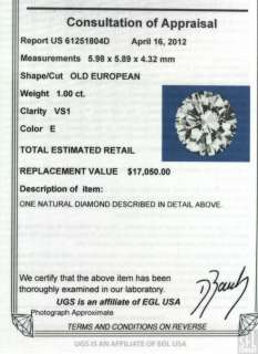 EGL CERTIFIED VINTAGE PLATINUM 1.10CT VS1/E DIAMOND WEDDING RING W/1 