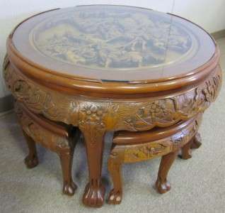 Round Heavily Carved Chinese Table with Stools  