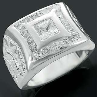 Mens Real 925 Silver Fancy Nugget Prong CZ Cubic Zirconia Bling Ring 
