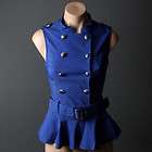   Blue Military Belted Sleeveless Long Pleated Flare Shirt Top Size S