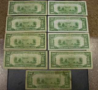 NINE DIFFERENT BANK NATIONAL LOT  ALL $20 NOTES  ID#OO384  