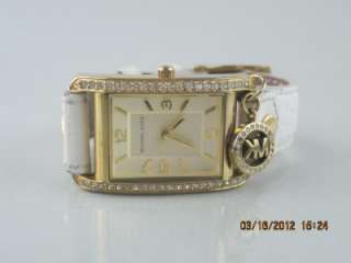   Kors MK 2213 Womens Goldtone Crystal Accent White Leather Charm Watch