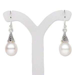 Earrings sterling silver/marcasite WHITE Natural Freshwater Pearls 