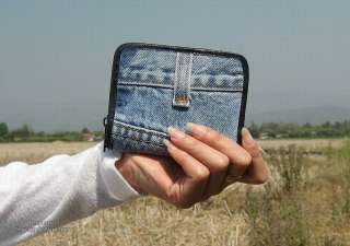 Small Zipper Close Recycled Old Denim Jeans Wallet Arts  