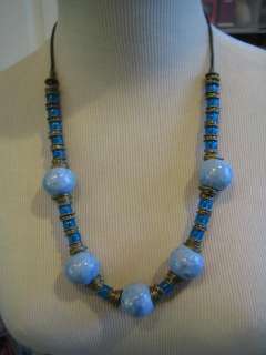 Two toned blue ceramic glass bead brass necklace  