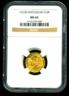 1922 B SWITZERLAND GOLD COIN 10 TEN FRANCS * NGC CERTIFIED GENUINE MS 