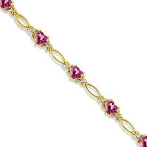 Heart Shape Pink Topaz and Diamond Link Bracelet 14k Yellow Gold (3 