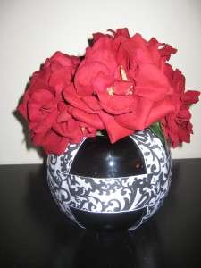 Wedding Flower Centerpiece Black Vase Damask Red Rose  