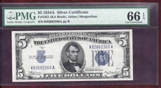 1934 A $5 Blue seal Silver Certificate K82682360A PMG 66 EPQ  