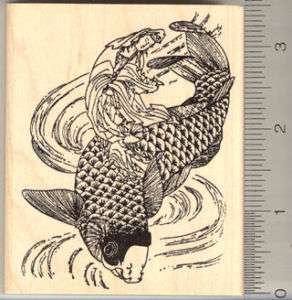 Japanese Woman riding Koi fish rubber stamp K258 WM  