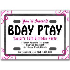 License Plate Invitations Pink Sweet 16 Sixteen UNIQUE  