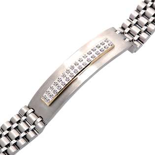 JewelryCastle Men&s Stainless Steel and 14K Gold and Diamond Bracelet
