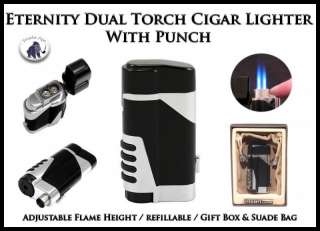 Eternity Double Torch Cigar Lighter w/ Cutter Punch in Gift Box (Black 