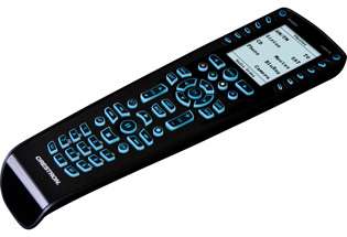 An ergonomic handheld remote featuring a fully programmable LCD text 