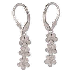   14K White Gold Lever Back 3 Dangling Plumeria Flower Earrings: Jewelry