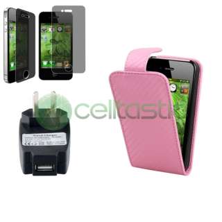 Pink Leather Case+Privacy Guard+AC Charger For iPhone 4 4G 4th 