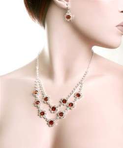 BROWN CLEAR WHITE CRYSTAL RHINESTONE NECKLACE EARRING SET BRIDAL 