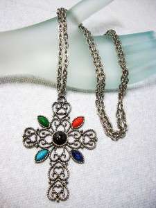 Vintage Avon Multicolor Pectoral Cross Pendant Necklace  