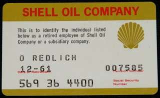 1961 SHELL OIL RETIRED EMPLOYEE IDENTIFICATION ID CARD  