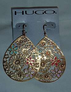 Vintage Hugo Goldtone Tear Drops w/Enamel Flowers Pierced Earrings 