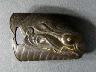 Unusual Antique Japanese Iron Gold Samurai Sword Fish Head Kashira End 