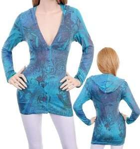 Sublimation TATTOO HOODIE tunic SWEATER top blue NEW M  