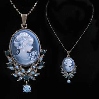 NEW ANTIQUE STYLE CAMEO BLUE CRYSTALS PENDANT NECKLACE  