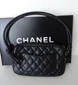 Authentic Chanel Ligne Cambon Lambskin Black White CC Pochette Bag 