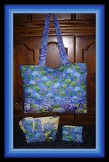 PACKED HYDRANGEA FLORAL periwinkle PURSE SET + Matching cosmetic case 
