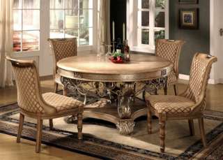 Traditional Luxury Gold Round Wood Dining Table Fabric Chairs 5 Pc Set 