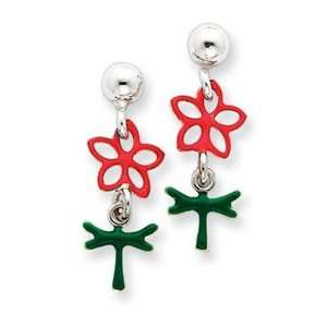   Sterling Silver Flower & Mistletoe Enameled Dangle Earrings Jewelry