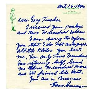  Gene Sarazen Autographed / Signed 1992 Golf Letter Sports 