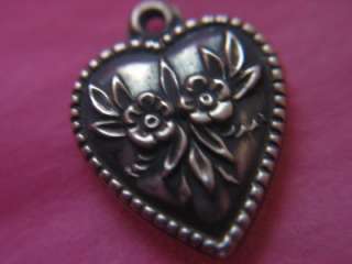   PUFFY HEART CHARM STERLING SILVER FLOWERS ENGRAVED PRE MED  