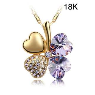 Leaf Colver Crystal Necklace 18K Gold Plated Pendant  