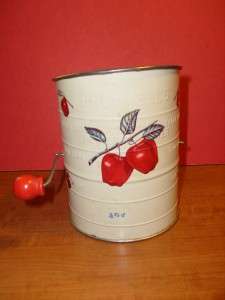 Vintage Bromwells 3 Cup Flour Sifter with Red Wood Handle & Apples 