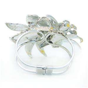 Dual Lily Flower Bracelet Bangle Cuff Swarovski Crystal Enamel  