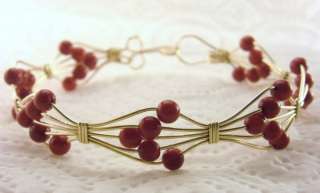 R149 Red Coral Gemstone Bangle Bracelet 14k Gold Filled  