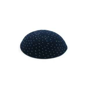   Centimeter Blue Knitted DMC Style Kippah with Blue Dots and Thick Yarn