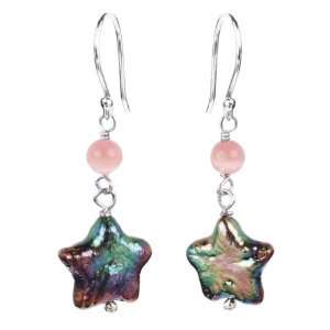   Pearl Stars with Pink Cats Eye Bead, Sterling Silver Earrings: Jewelry