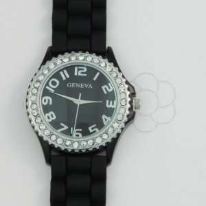  Geneva Large Rhinestone Silicone Womens Black Watch 