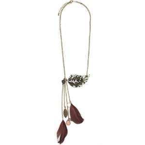 Capelli New York Metal Chain Necklace With Rhinestone Feather Antique 