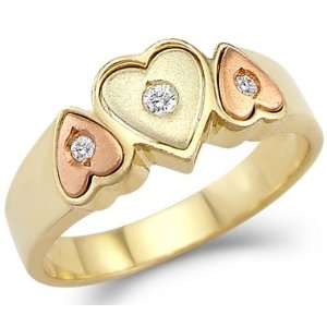 Size  11   Solid 14k Yellow and Rose Gold Three Hearts Love CZ Cubic 