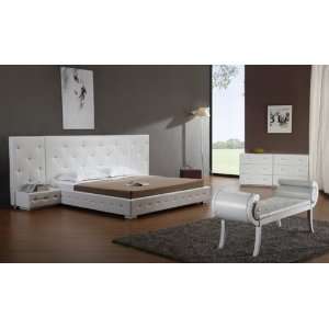   White Modern Leather Platform Bed with Two Nightstands