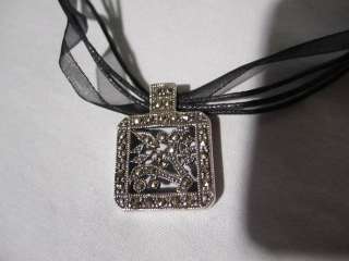   Vintage Sterling Silver Marcasite Pendant w/ Ribbon Choker Necklace