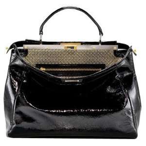 FENDI Patent Leather Peekaboo Satchel w/ Gold Color Embossed Suede 
