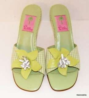   PULITZER Green Gingham w Leather Flower Accent Slide Sandal, 8 M, New