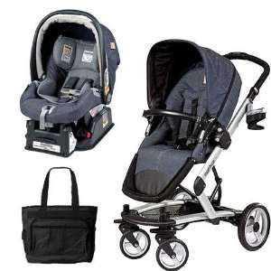   Stroller Pram System with Car Seats and Fashionable Diaper Bag   Denim